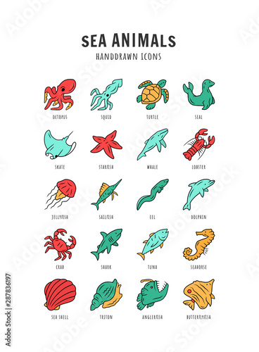 Sea animals color icons set. Turtle, jellyfish, lobster, skate, butterflyfish. Swimming mollusk and fish. Underwater wildlife. Ocean inhabitants. Aquatic creatures. Isolated vector illustrations