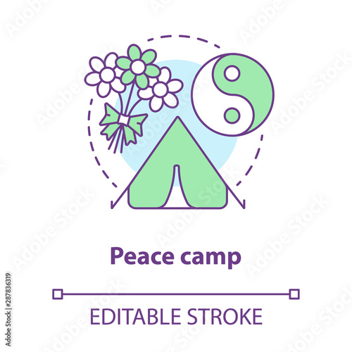 Peace camp concept icon. Peaceful anti war protest, hippie movement, pacifism idea thin line illustration. Yin yang symbol, tent and flowers bouquet vector isolated outline drawing. Editable stroke