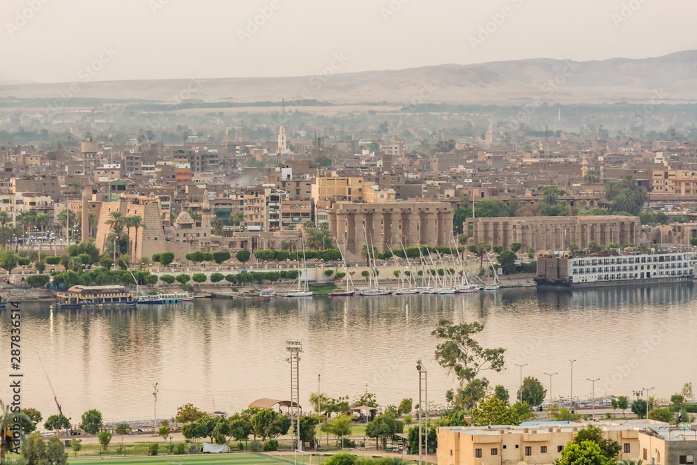 Aerial view of the Luxor Temple and Nile river, Luxor, Egypt