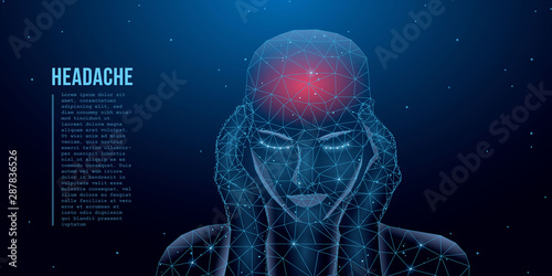 A person who has a headache, migraine, pain, pressing his hands to his head. Health and pain. A tired man with a severe headache suffers from a migraine. Polygon vector wireframe concept. Vector photo