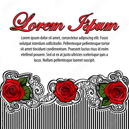 3 red roses frame striped stropes border with leafs and mehndi black and white  doodle ornament hand drawn, vector banner illustration backgrownd