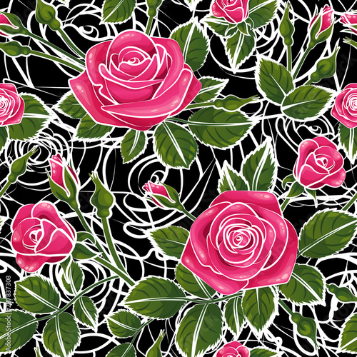 romantic roses seamless pattern with leafs buds and blossom on wallpaper background, repeatable no sew gap illustration