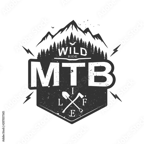 MTB mountain biking retro decorative emblem. Editable badge with mountain and forest. Labels with retro vintage styled design