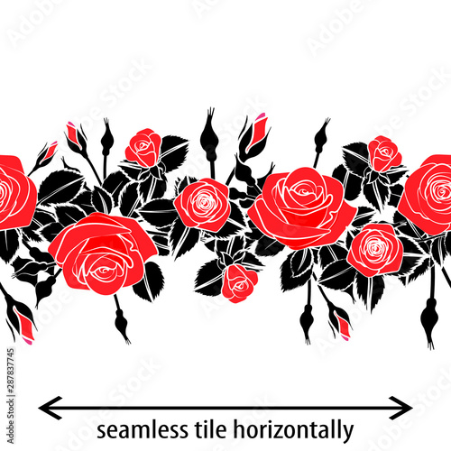 flat red black roses flower silhouette horizontal pattern lace ribbon border , repeatable seamless tile