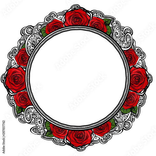 roses frame round border with leaves and mehndi black and white  doodle ornament hand drawn, vector banner illustration background