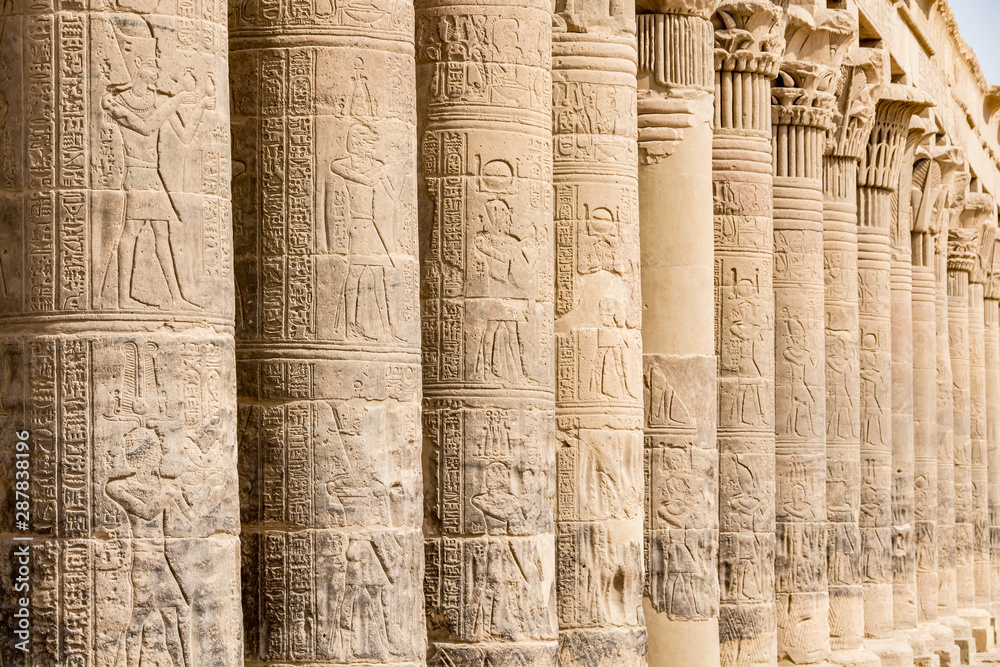 Amazing columns in the Temple of Isis, Agilkia island (moved from Philae island), Aswan, Egypt Amazing columns in the Temple of Isis, Agilkia island (moved from Philae island), Aswan, Egypt