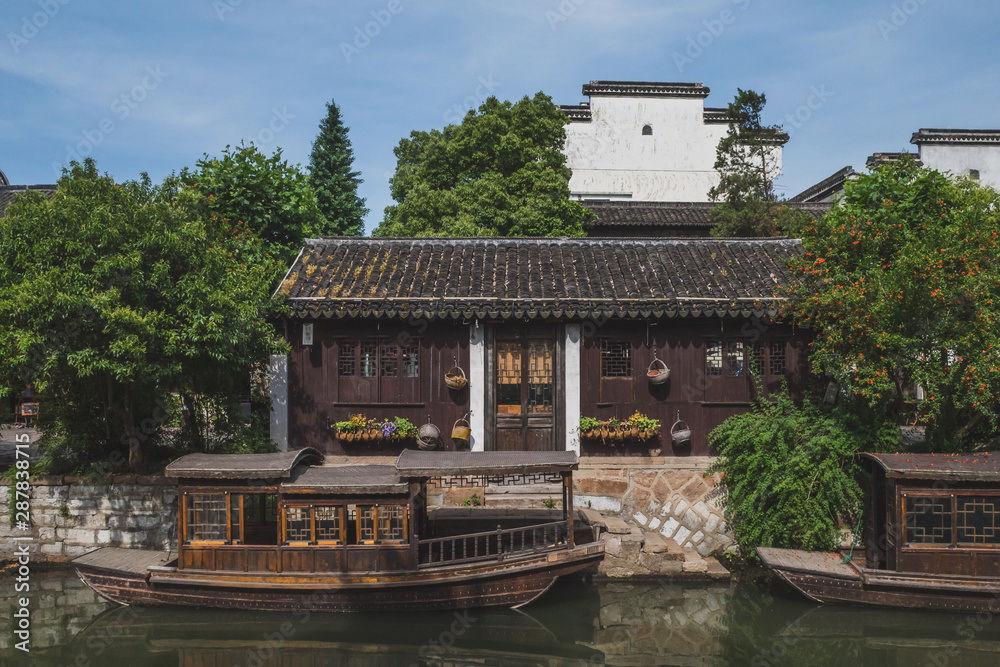 Fototapeta premium Chinese houses and boats in old town of Nanxun, China