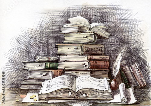 Ancient tomes,ink drawing. Old books and scrolls. Manuscripts and scrolls. Open book. © Алексей Панчин