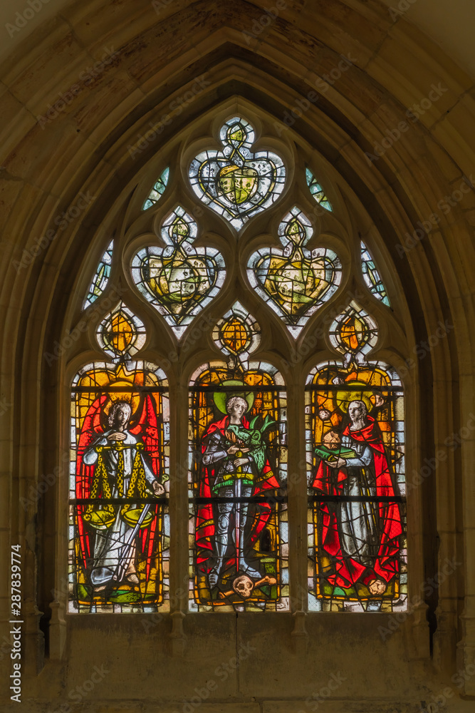 Caen, France - 08 14 2019: Castle of Caen. Stained Glass in St. George's Church