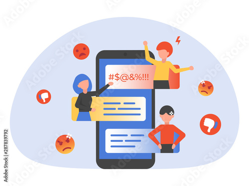 People bullying, trolling online in phone chat. Flat vector illustration for landing page, web, poster, banner, flyer, layout, template.