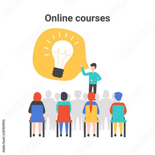 Training conference and couch lecture. Teacher and leader educates business audience. Ideas for developing your business. Flat vector concept illustration isolated on white background.
