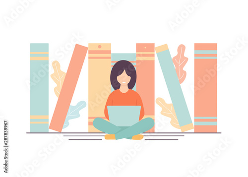Concept education online, training, internet studying, read book remotely. Distance education flat illustration.