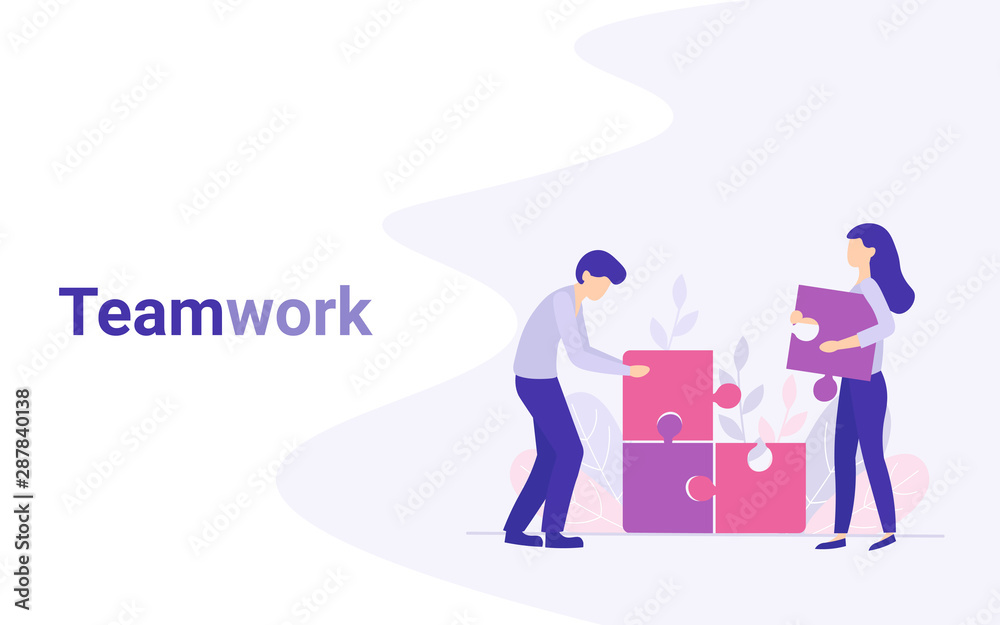 People connecting puzzle elements. Symbol of teamwork, cooperation, partnership. Solutions and problem solving. Flat concept vector illustration for web page, website, banner.