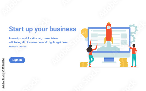 Business start up concept for web page, banner, presentation, social media. Flat vector illustration, business project startup process, idea through planning and strategy, time management, realization