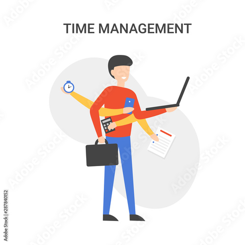 Time managemen concept. Business planning and results. Flat vector man character isolated on white background. Businessman performs many tasks successfully.