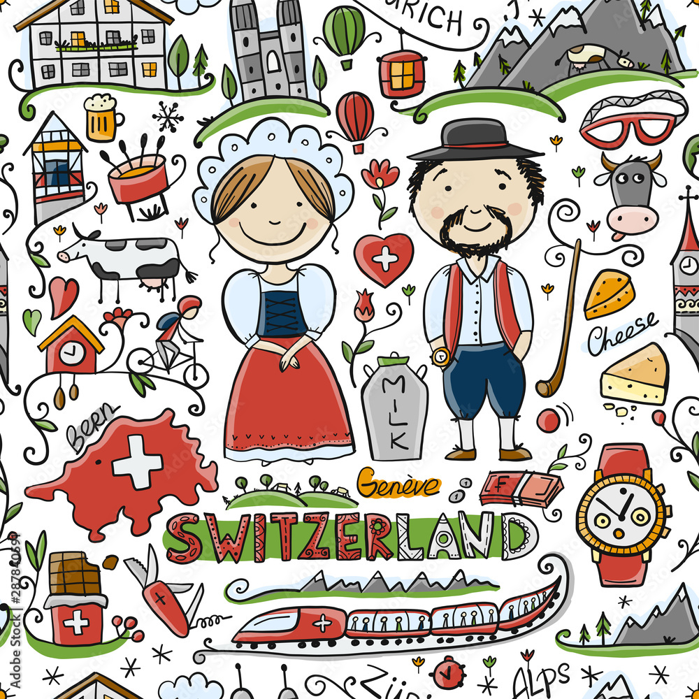 Obraz premium Travel to Switzerland. Seamless pattern for your design
