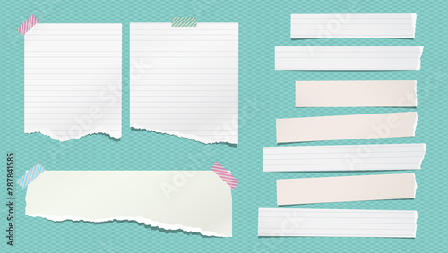 Torn white note  notebook paper strips and pieces stuck on turquoise background. Vector illustration
