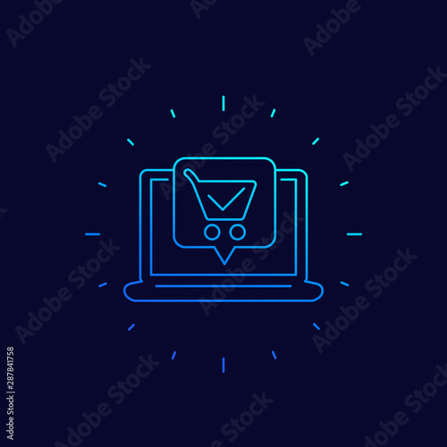 online order, purchase, linear icon with shopping cart and laptop