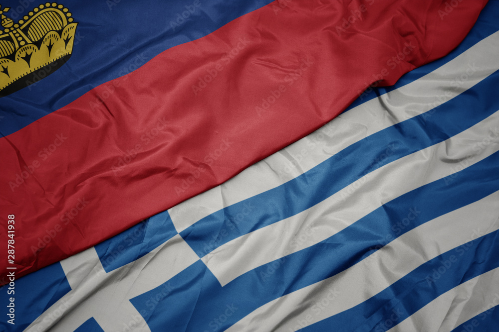 waving colorful flag of greece and national flag of liechtenstein.