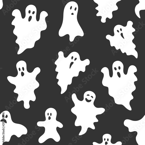 Halloween. Seamless pattern with ghosts on black background. Wallpaper, wrapping, packaging, texture, paper. Vector illustration in flat style.