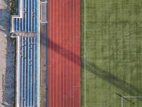 Aerial view of grandstand, racetrack and soccer field, Tikhvin, Russia