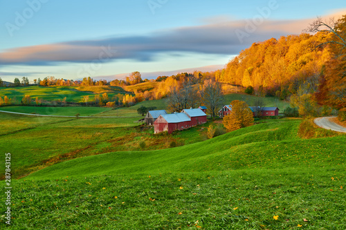 Jenne Farm with barn at sunny autumn morning in Vermont, USA photo