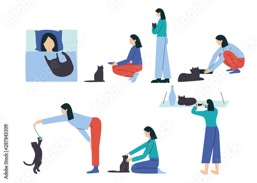 Woman performing different activities with her cat - sleeping, feeding, hugging, cleaning litter box, playing, petting, taking a picture. Spending time with cat collection, Flat vector illustration