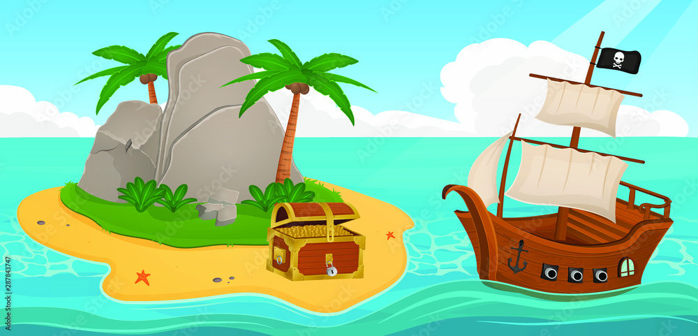 Obraz premium Wooden pirate ship near a tropical island with palm trees and stones and a treasure chest in the ocean