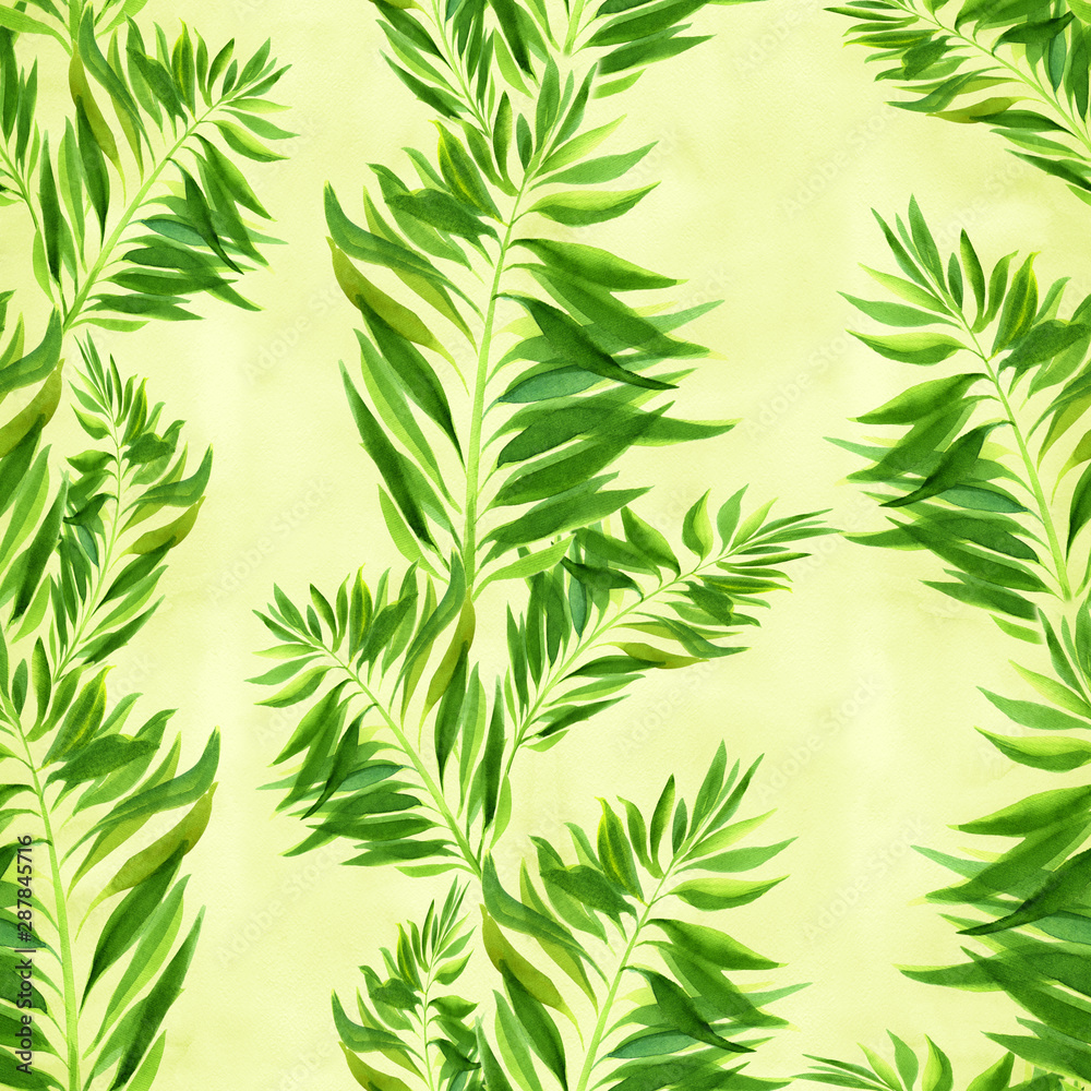Leaves. Decorative composition on a watercolor background. Floral motifs. Seamless pattern. Use printed materials, signs, items, websites, maps, posters, postcards, packaging.