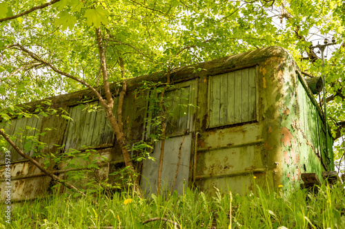 an old wooden shack situated in the woods. 