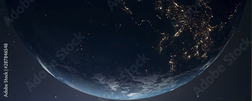 World and sun realistic 3D rendering. Shiny sunlight over Planet Earth, cosmos, atmosphere. Shot from Space satellite