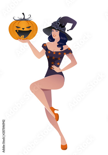 Beautiful retro pinup style witch holding a pumpkin, isolated on white background