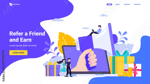 Refer a friend concept for landing page, web site, banner, hero image, flyer. Loyalty program, referral program flat vector illustration with characters.