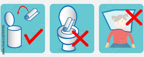 Set  of icons for  disposable baby changing pads: throw it to the litter bin, do not throw it into toilet, do not put it on your head