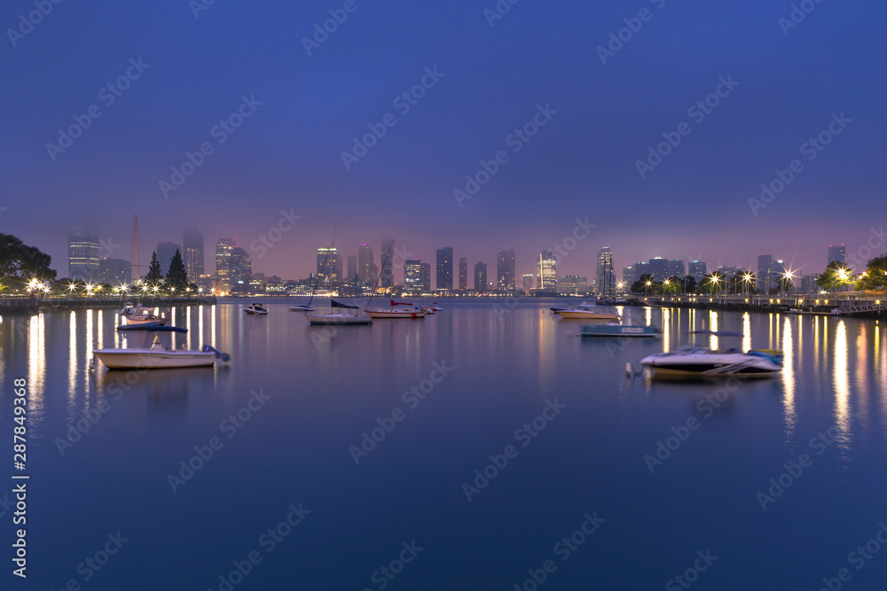 Yacht club on the Hudson with jersey city view at sunrise with long exposure