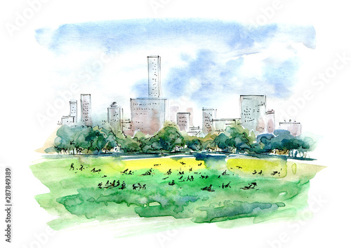 Sheep meadow and skyscrapers.Central park in summer.City landscape. Manhattan.Watercolor hand drawn illustration.