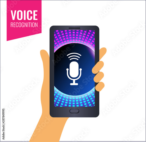 Mobile app for voice recognition or music sounds. The human hand is holding the matron. Vector illustration isolated on white background.