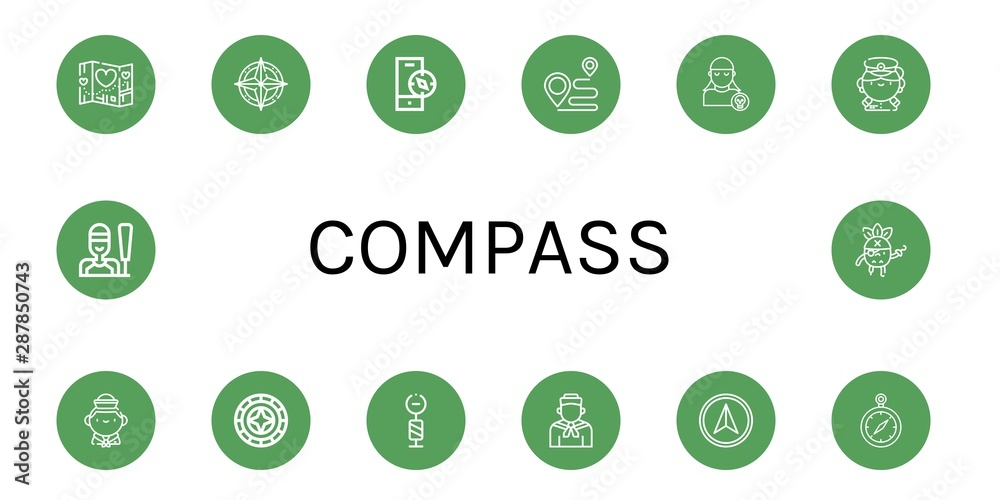 Set of compass icons such as Travel, Compass, Destination, Pirate, Captain, Sailor, Windrose, Signpost, Navigator, Sailing , compass