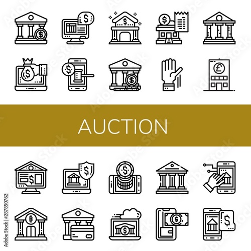 Set of auction icons such as Bank, Online banking, Auction, Banking, Raise hand , auction