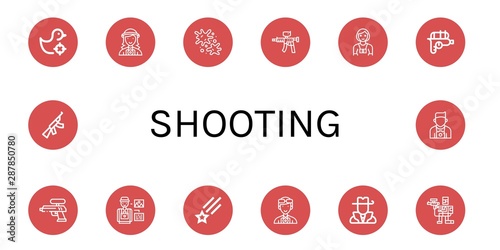 Set of shooting icons such as Shooting gallery, Photographer, Paintball, Paintball gun, Water gun, Shooting star, Hunter, Assault rifle ,