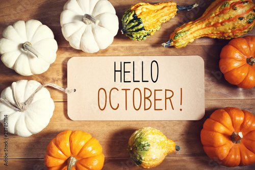 Hello October message with collection of pumpkins on a wooden table