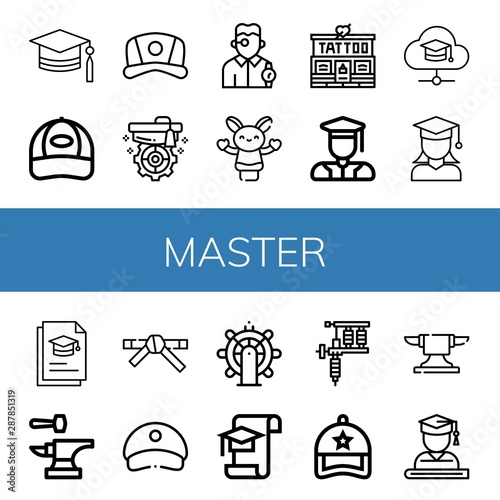 Set of master icons such as Mortarboard, Cap, Watchmaker, Hand puppet, Tattoo studio, Graduated, Graduate, Graduation, Anvil, Black belt, Leadership, Tattoo machine , master