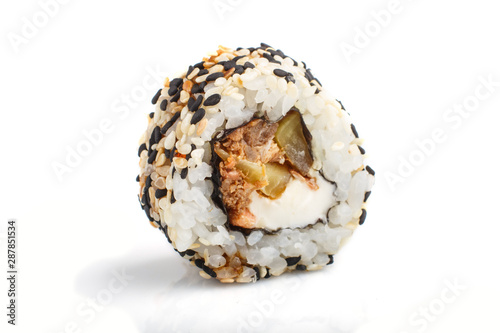 Japanese maki sushi rolls with salmon, sesame, cucumber isolated on white background. Side view