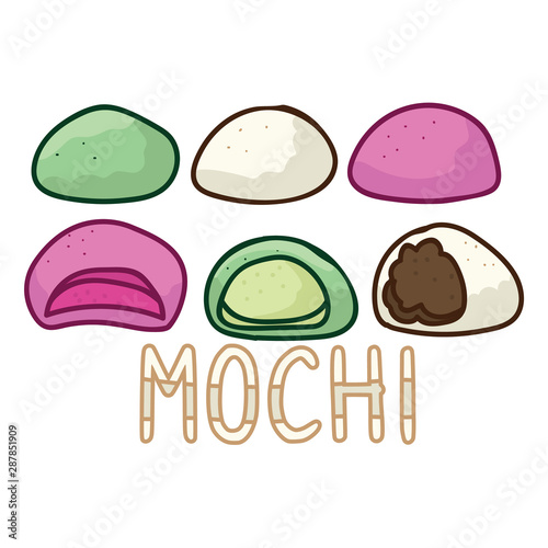 Cute mochi assortment vector. Hand drawn traditional Japanese snack clipart. 