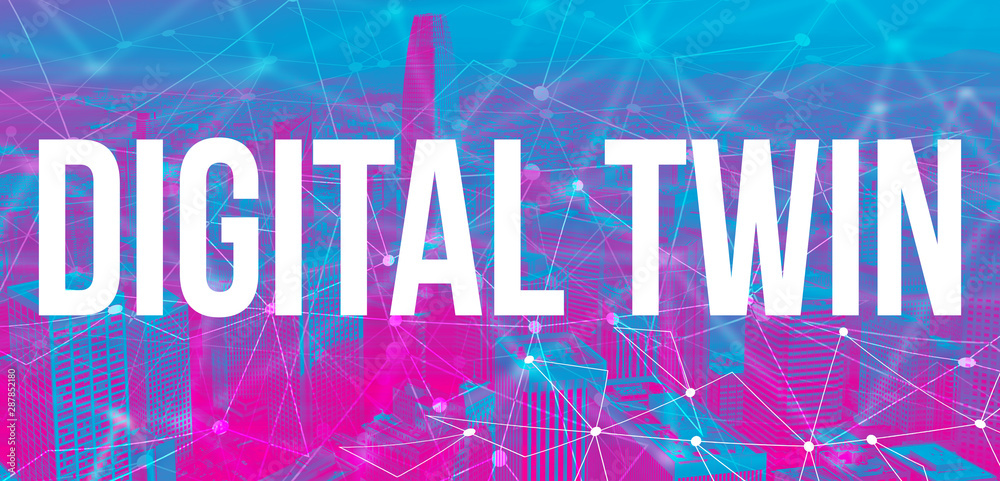Digital Twin concept with neural network connectivity gradient city background