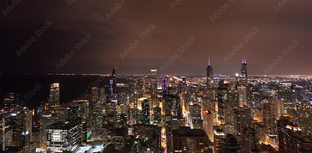 Aerial panoramic view of Chicago skyline at night, Illinois, USA