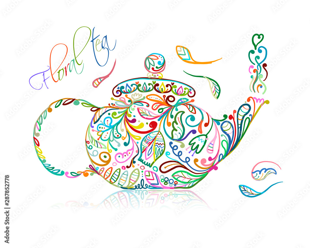 Teapot sketch with floral tea for your design Teapot sketch with floral tea for your design