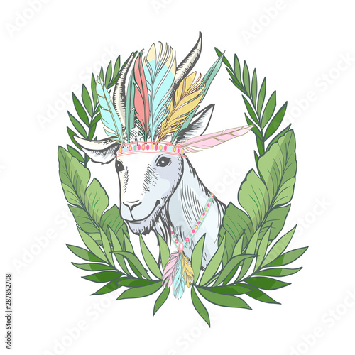 hand drawn sketch on the theme of hunting - white goat heads in oak leaves and a stack and whip