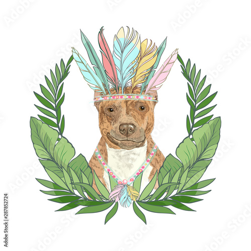hand drawn sketch on the theme of hunting - Dog heads in oak leaves and a stack and whip