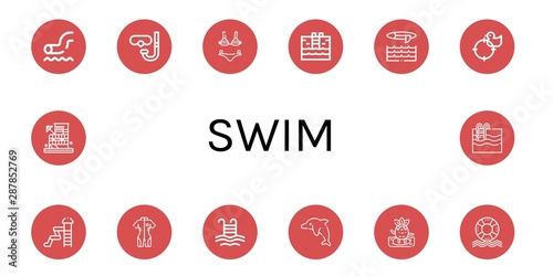 Set of swim icons such as Waterpark, Diving glasses, Bikini, Swimming pool, Surf, Duck, Neoprene, Pool, Dolphin, Surfing, Life saver , swim